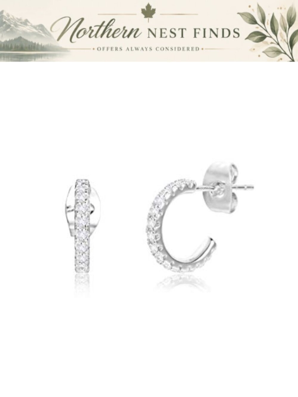 Small Open Cubic Zirconia Hoop Earrings Silver Plated Half Hoop